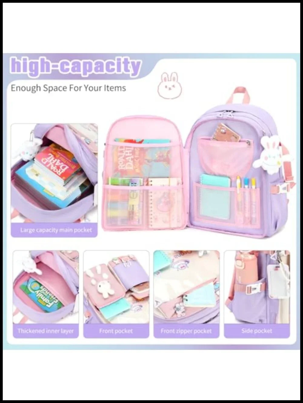 Girls Backpack Set with Lunch Box Pencil Case, Kawaii Bunny, Waterproof Nylon,